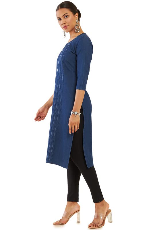 Soch Women Blue Cotton Blend Straight Kurta With Embroidered Motifs And Stripes