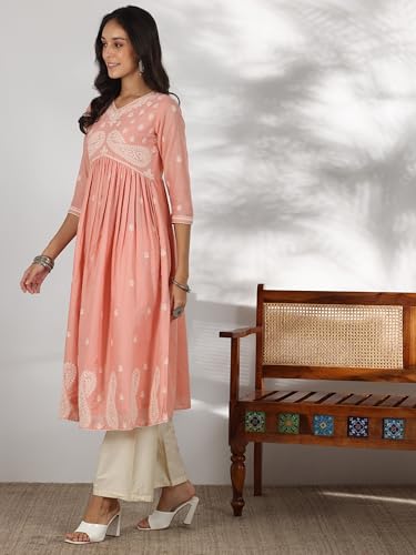 Libas WomenS Cotton Paisley A-Line Kurta (37198_Peach