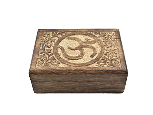Hand Carved Wooden Jewelry Box with OM & Floral Carvings-Keepsake Organizer and Trinket Holder for Women and Girls