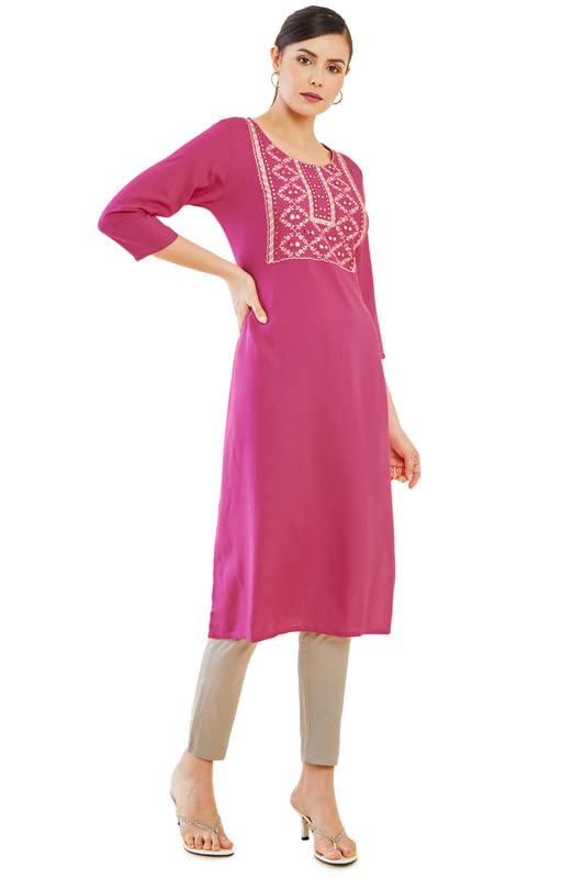 Soch Womens Pink Rayon Straight Kurta with Embroidered Yoke and Reflective Embellishments