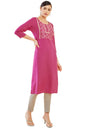 Soch Womens Pink Rayon Straight Kurta with Embroidered Yoke and Reflective Embellishments