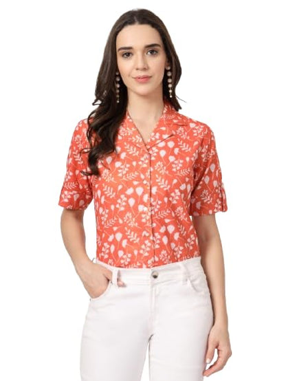 Style Quotient Women Brown and White Floral Printed Polyviscose Short Sleeve Semi Formal Shirt