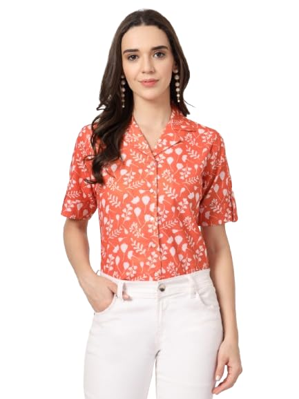 Style Quotient Women Brown and White Floral Printed Polyviscose Short Sleeve Semi Formal Shirt