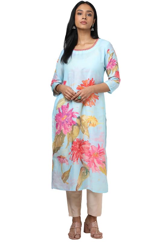 Soch Womens Powder Blue Muslin Floral Print Kurta with Mirror Work