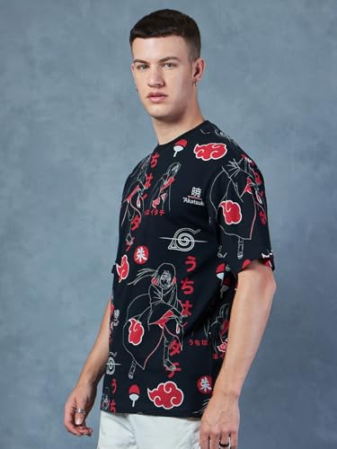 Bewakoof Official Naruto Merchandise Mens All Over Printed Oversized Fit Half Sleeve Round Neck Cotton Jersey T-Shirt 616642 Bl