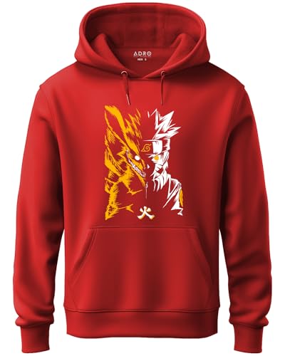 ADRO Mens Hoodies with Naruto Uzumaki Anime Printed, 100% Cotton 340GSM Warm & Soft Fabric. (H23-M-NRR-RD_Red_XL)