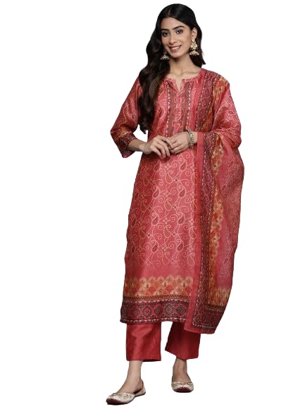 Varanga Women Pink Bandhani Printed Straight Kurta Paired with Tonal Solid Bottom and Printed Dupatta