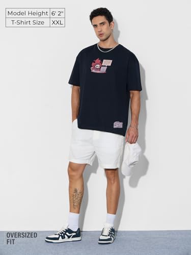 The Souled Store Original: Ghost Writer Men and Boys Short Sleeves Round Neck Navy Blue Graphic Printed Cotton Oversized T-Shirt