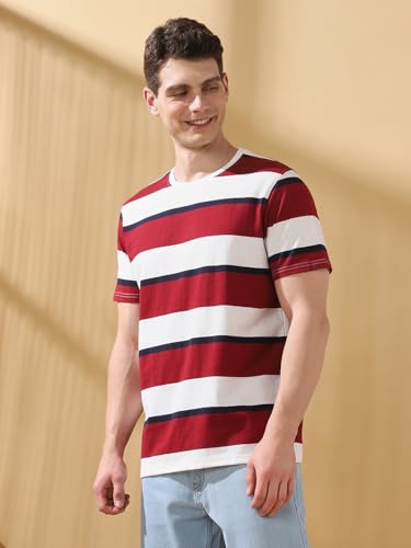 Dennis Lingo Men Cabernet Stripes Round Neck Half Sleeves Regular Fit T-Shirts