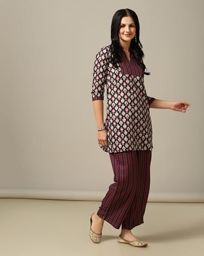 TOPLOT Ladies Kurta Pant Set, Cotton Blend, Printed, Medium, Wine, Model Kurta-Pant-5175-Wine-M