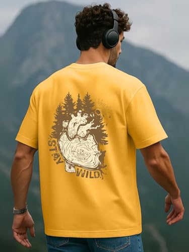 Nobero MenS Graphic Print Oversized Fit T-Shirt (1M-Twrt-C1242-Po2_Mustard Yellow/Grape Nectar