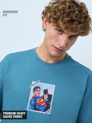 The Souled Store DC Comics: Superman and Batman Men and Boys Short Sleeves Round Neck Teal Graphic Printed Cotton Oversized T-Sh
