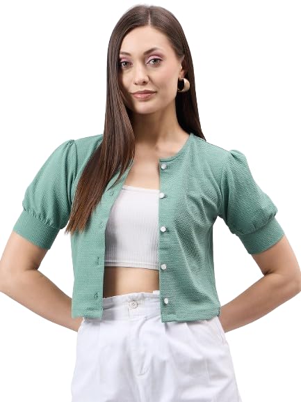 Style Quotient Women Solid Sage Green Polyknit Casual Open Front Shrug