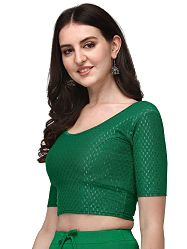 Shiv Textiles Round Neck Dobby Cotton Lycra Stretchable Elbow Sleeve Readymade Saree Blouse For Women Stylish (Greenfree Size)