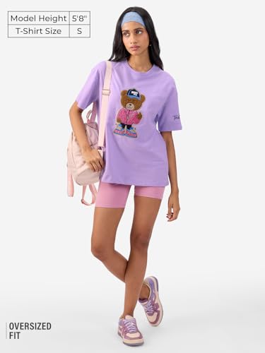 The Souled Store Ted The Stoner: Towelling Women and Girls Short Sleeves Round Neck Purple Embroidered Cotton Oversized T-Shirts