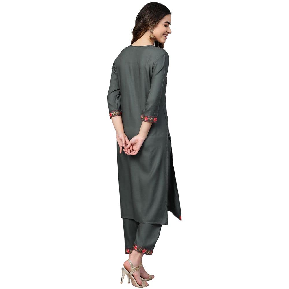 anubhutee Charcoal Grey Floral Embroidered Straight Kurta Suit Set with Pants for Women