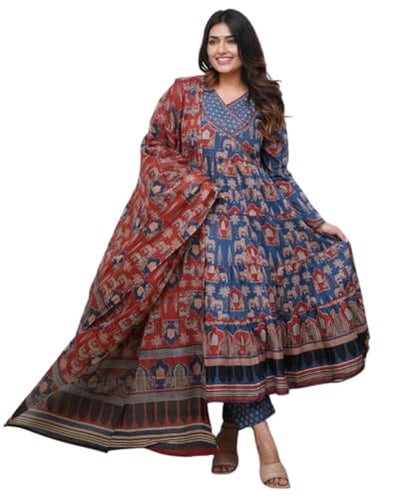 GRECIILOOKS WomenS Rayon Anarkali Printed V- Neck Kurta With Palazzo & Dupatta | Ethnic Set | Dupatta Set | Suit Set | Kurta An