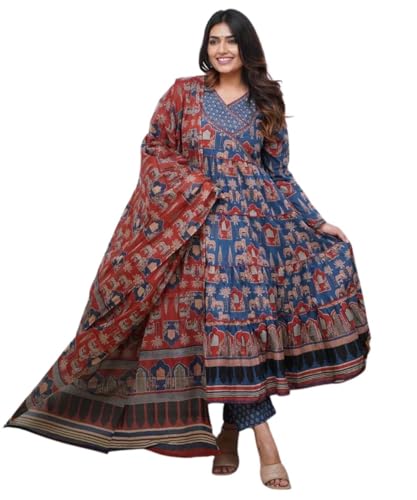 GRECIILOOKS WomenS Rayon Anarkali Printed V- Neck Kurta With Palazzo & Dupatta | Ethnic Set | Dupatta Set | Suit Set | Kurta An