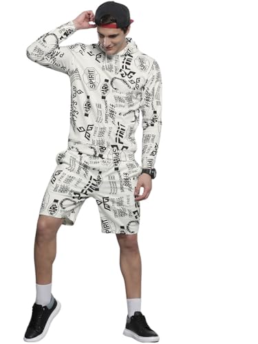 The Indian Garage Co Men White Regular Fit Abstract Print Hooded Sweatshirt