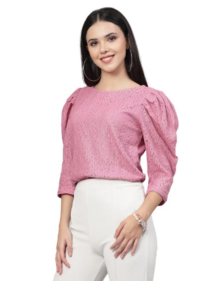 Style Quotient Women Pink Self Design Floral Lace Regular Smart Casual Top