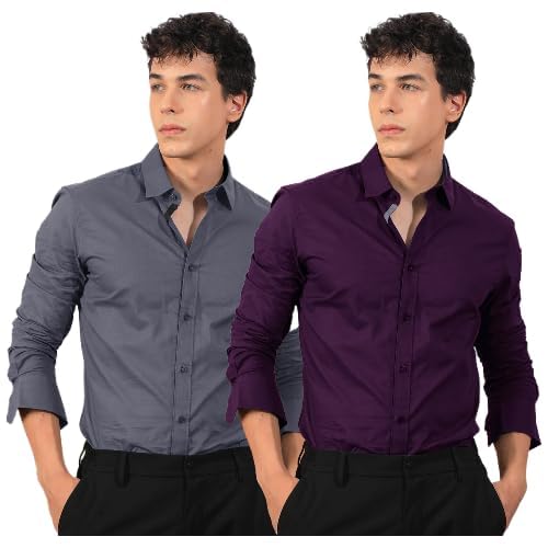 Pinkmint Mens Long Sleeve Button Down Shirt for Men Collared Casual Formal Soild Shirt Grey-Purple