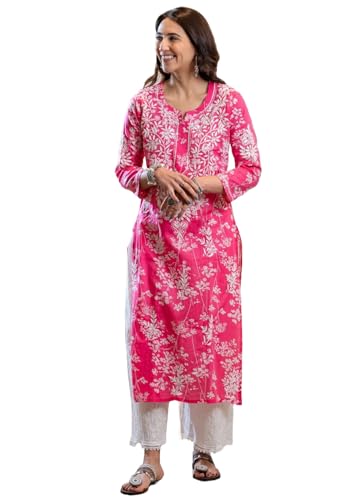 GoSriKi Womens Cotton Blend Chikankari Embroidered Straight Kurta (Zainab Pink-NW-GS_L_Pink_Large)