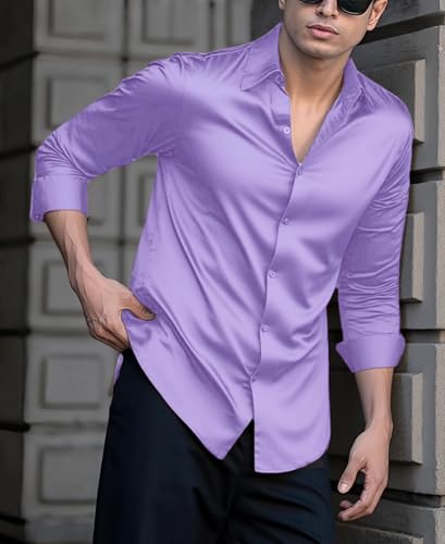 Indoprimo MenS Casual Button Down Long Sleeve Satin Plain Shirt