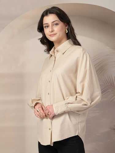 Style Quotient Women Beige Polycotton Solid Oversize Smart Casual Shirt