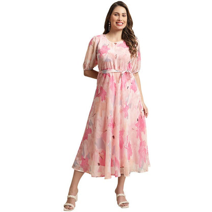 Preneum Women Dress Maxi Fit & Flare Latest Style Print Georgette Regular Sleeves Casual Summer Maxi Dress | Festival & Occasion