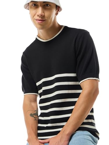 Bewakoof Mens Striped Regular Fit Half Sleeve Round Neck Cotton Flatknit T-Shirt_634377_Black_L