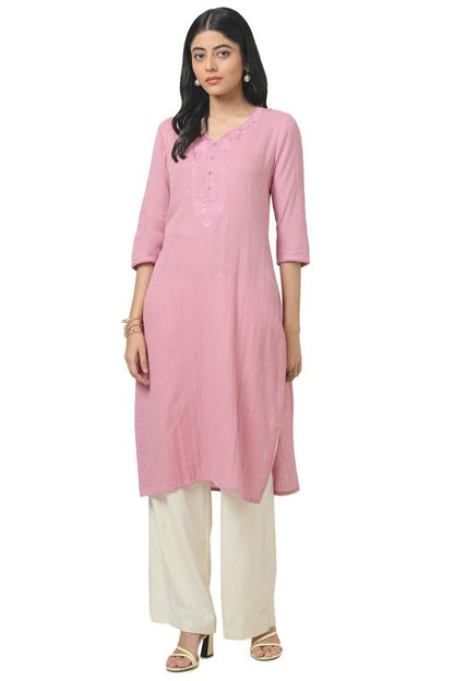 Soch Womens Pink Cotton Embroidered Kurta With Thread Work