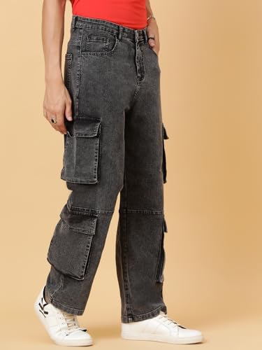 KOTTY Mens Solid Mid Rise Straight Fit Stylish Looking Cargo Jeans(Grey,32)