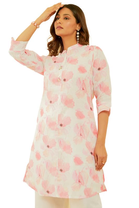 Soch Womens Off White & Pink Floral Print Linen Blend Kurta