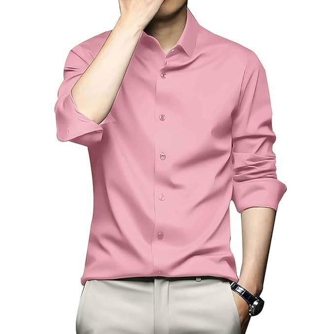 Deelmo Combo Of MenS Stylish Solid Satin Casual Shirt For Men Full Sleeves| Poly Satin Silk Shirt Pack Of 2 Light Pink-White