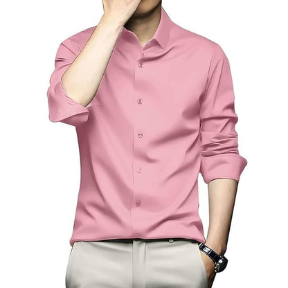 Deelmo Combo Of MenS Stylish Solid Satin Casual Shirt For Men Full Sleeves| Poly Satin Silk Shirt Pack Of 2 Light Pink-White