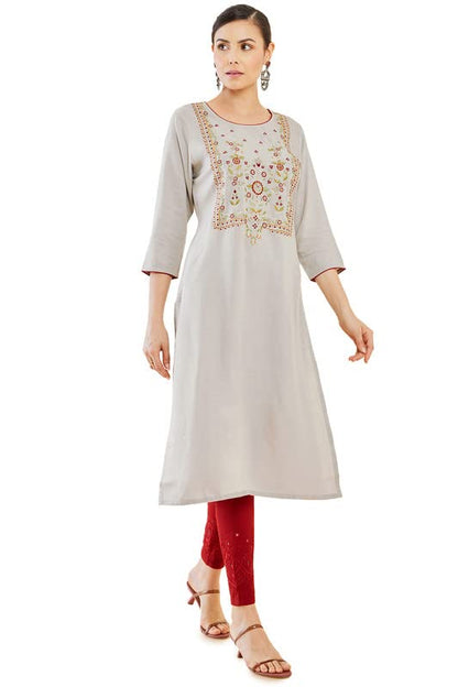 Soch Womens Grey Rayon Embroidered Straight Kurta with Floral Designs and Piping