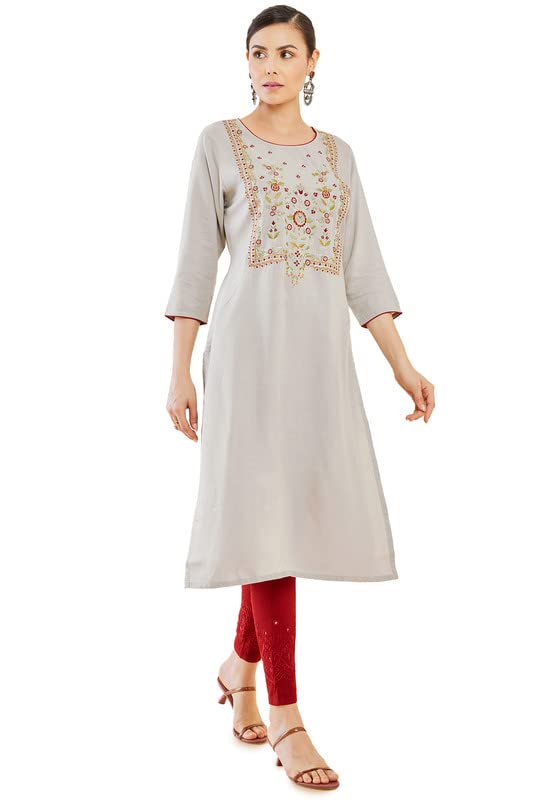 Soch Womens Grey Rayon Embroidered Straight Kurta with Floral Designs and Piping