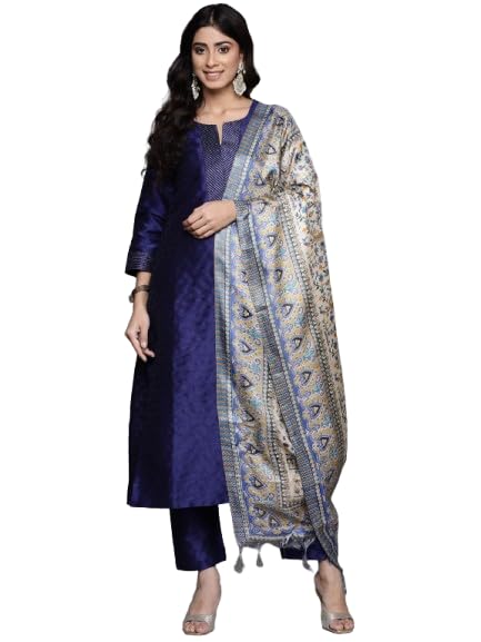 Varanga Women Navy Blue Woven Zari Embroidered Straight Kurta With Bottom And Dupatta
