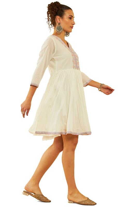 Soch Womens White & Purple Cotton Floral Embroidered Dress With Faux Mirror