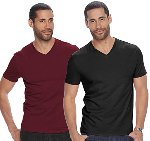 ADRO Men's V Neck Combo Plain Cotton T-Shirts_VCM2-PLN-BL-MR-XL Black, Maroon