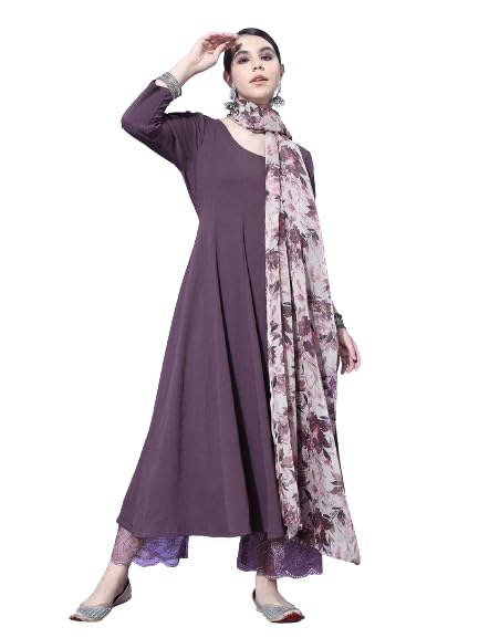 Varanga Women Purple Anarkali Kurta Paired With Tonal Hem Embroidered Bottom And Floral Printed Dupatta
