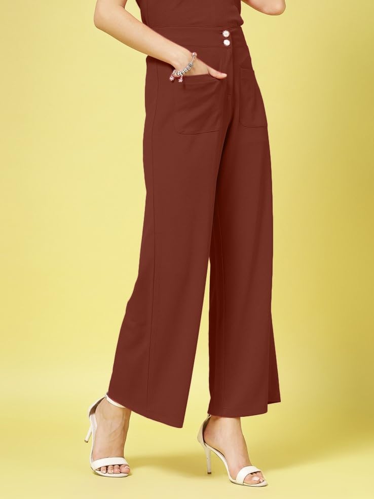 Womens Wide Leg Pants | Solid Brown Stretchable Polyester Trousers | Stylish Korean Clothing | Flared, Straight Fit, Baggy, and