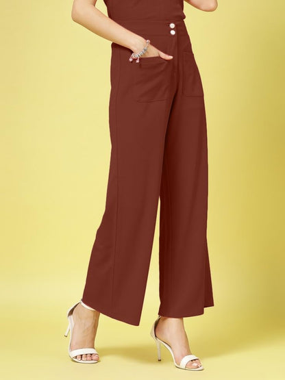 Womens Wide Leg Pants | Solid Brown Stretchable Polyester Trousers | Stylish Korean Clothing | Flared, Straight Fit, Baggy, and