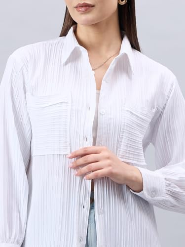 Style Quotient Women White Texture Smart Casual Relaxed Fit Polyester Shirt