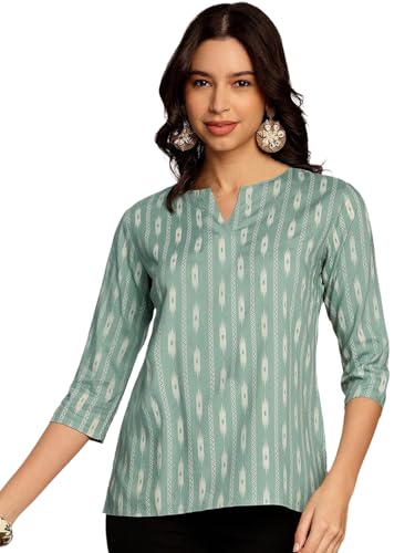 Pinkmint Womens Printed Cotton Blend Short Kurti l All Over Printed V-Cut Neckline Casual Wear Tunic Tops l Ethnic Tops for G