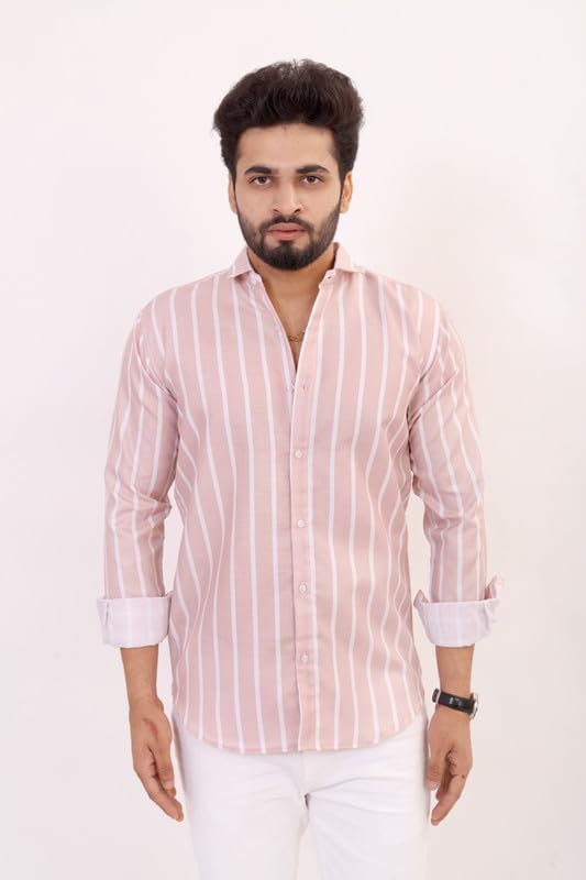 Brown Culture MenS Cotton Blend Striped Print Shirt With Spread Collared Full Sleeves Standard Length And Button Down Closure T