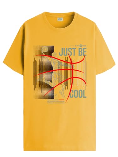 ADRO Men's Graphic Printed 100% Cotton T-Shirt - Regular Fit, Printed T-Shirts for Men (RN24-BCL-MU_Mustard_XL)