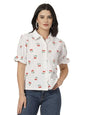 Style Quotient Women Texture White and Red Cherry Print Polyknit Shirt