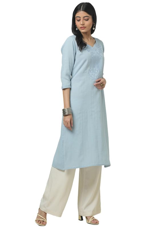 Soch Womens Powder Blue Cotton Embroidered Kurta With Thread Work