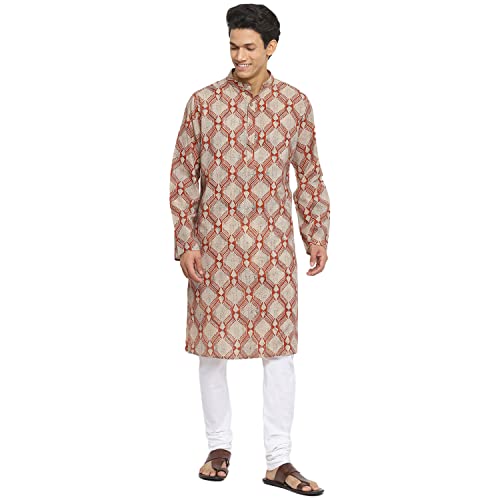 Fabindia Men Bock Print Chinese Collar Cotton Slub Long Kurta Hand_Xl Beige